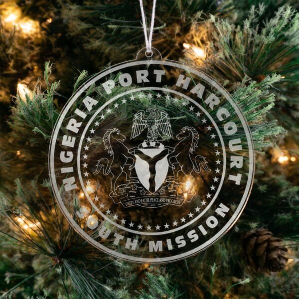 LDS Nigeria Port Harcourt South Mission Christmas Ornament hanging on a Tree