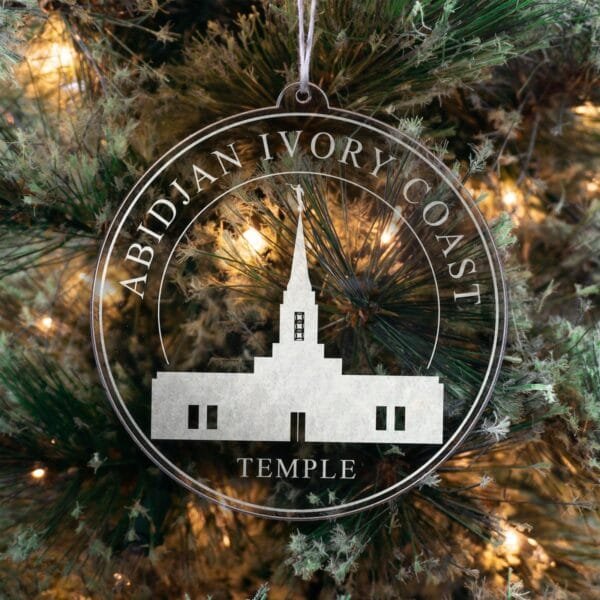 LDS Abidjan Ivory Coast Temple Christmas Ornament hanging on a Tree
