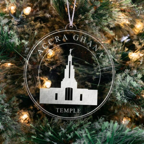LDS Accra Ghana Temple Christmas Ornament hanging on a Tree