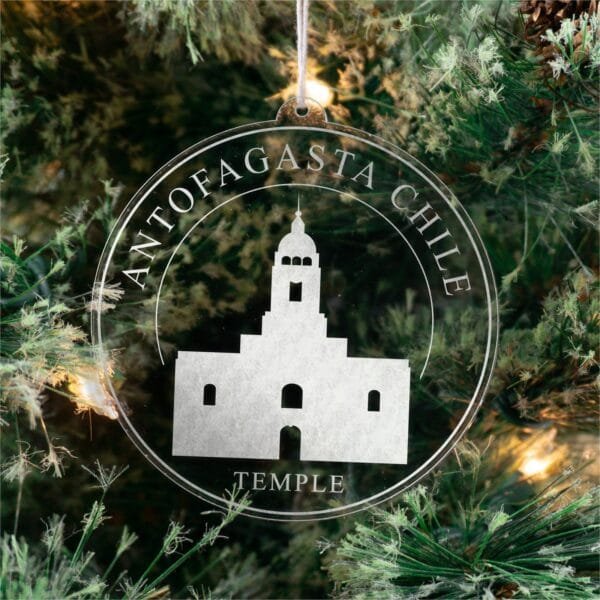LDS Antofagasta Chile Temple Christmas Ornament hanging on a Tree