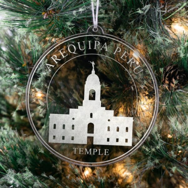 LDS Arequipa Peru Temple Christmas Ornament hanging on a Tree