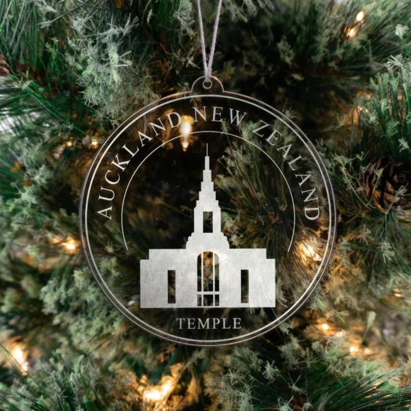 LDS Auckland New Zealand Temple Christmas Ornament hanging on a Tree