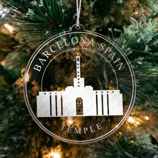 LDS Barcelona Spain Temple Christmas Ornament hanging on a Tree