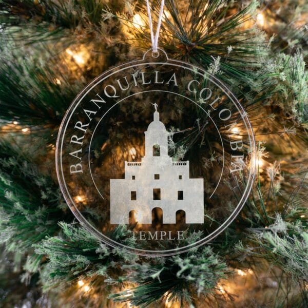 LDS Barranquilla Colombia Temple Christmas Ornament hanging on a Tree