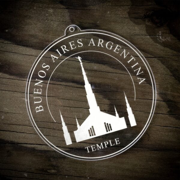 LDS Buenos Aires Argentina Temple Christmas Ornament laying on a Wooden Background