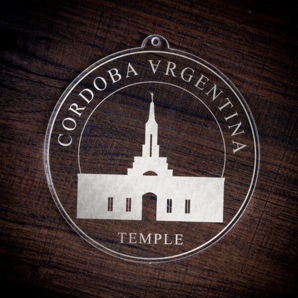 LDS Cordoba Argentina Temple Christmas Ornament laying on a Wooden Background