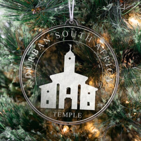 LDS Durban South Africa Temple Christmas Ornament hanging on a Tree