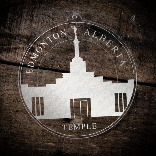 LDS Edmonton Alberta Temple Christmas Ornament laying on a Wooden Background