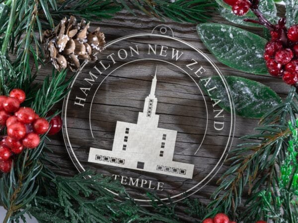 LDS Hamilton New Zealand Temple Christmas Ornament with Christmas Decorations