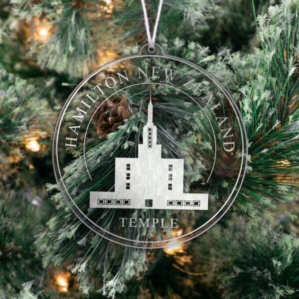 LDS Hamilton New Zealand Temple Christmas Ornament hanging on a Tree