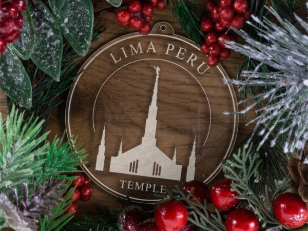 LDS Lima Peru Temple Christmas Ornament with Christmas Decorations
