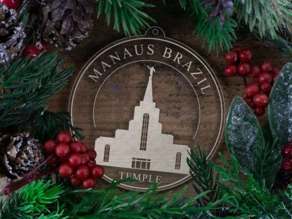 LDS Manaus Brazil Temple Christmas Ornament with Christmas Decorations
