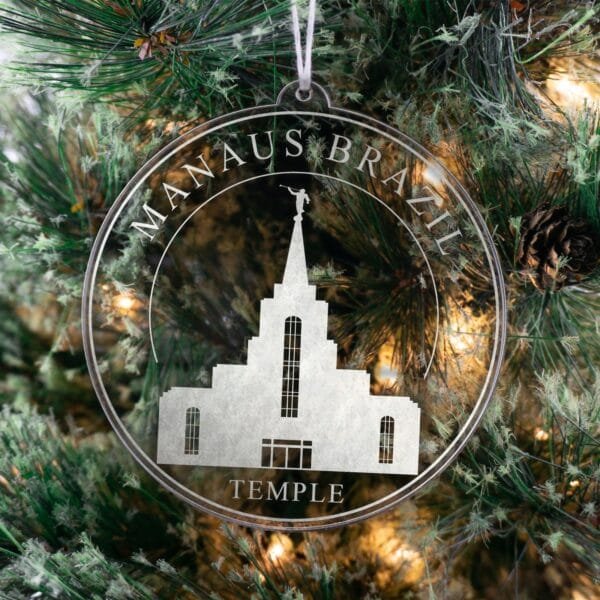 LDS Manaus Brazil Temple Christmas Ornament hanging on a Tree