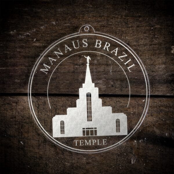 LDS Manaus Brazil Temple Christmas Ornament laying on a Wooden Background