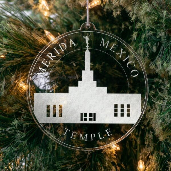 LDS Merida Mexico Temple Christmas Ornament hanging on a Tree