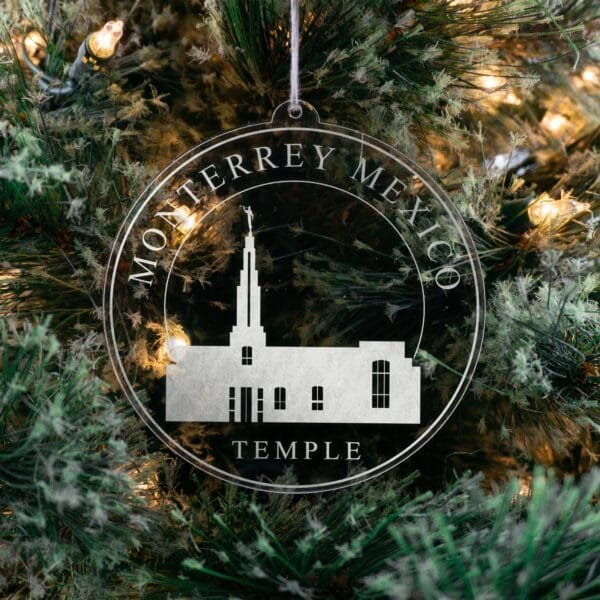 LDS Monterrey Mexico Temple Christmas Ornament hanging on a Tree