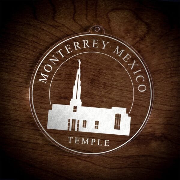 LDS Monterrey Mexico Temple Christmas Ornament laying on a Wooden Background