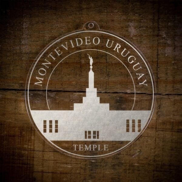 LDS Montevideo Uruguay Temple Christmas Ornament laying on a Wooden Background