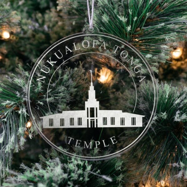 LDS Nukualofa Tonga Temple Christmas Ornament hanging on a Tree