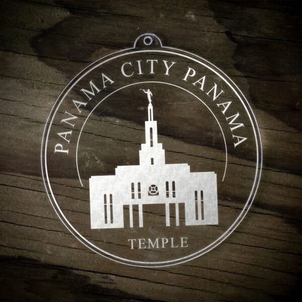 LDS Panama City Panama Temple Christmas Ornament laying on a Wooden Background