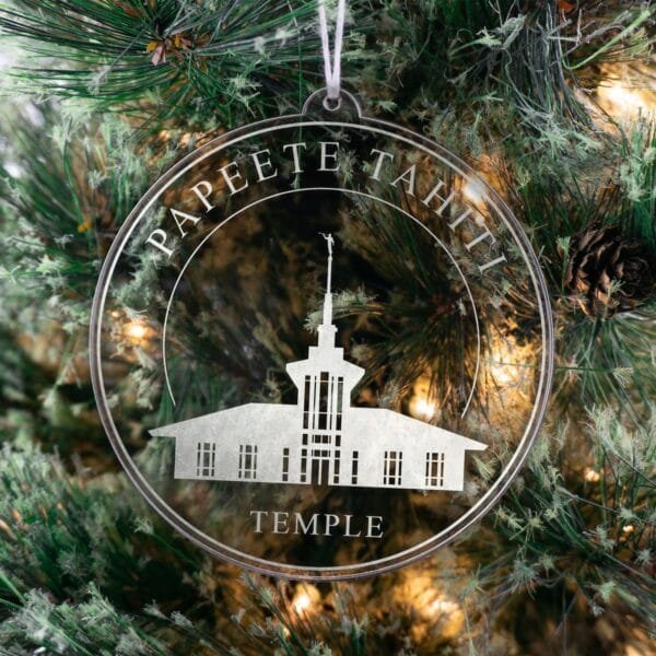 LDS Papeete Tahiti Temple Christmas Ornament hanging on a Tree