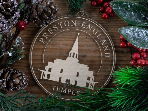 LDS Preston England Temple Christmas Ornament with Christmas Decorations