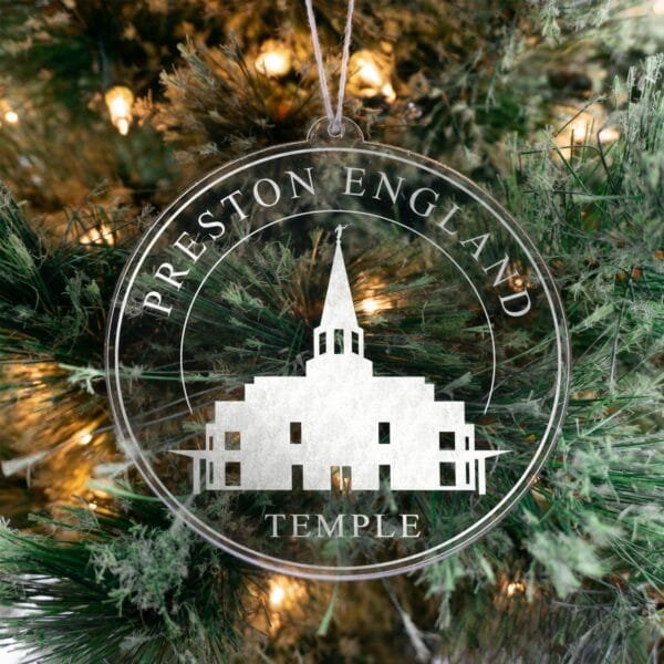 LDS Preston England Temple Christmas Ornament hanging on a Tree