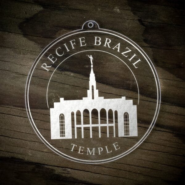 LDS Recife Brazil Temple Christmas Ornament laying on a Wooden Background