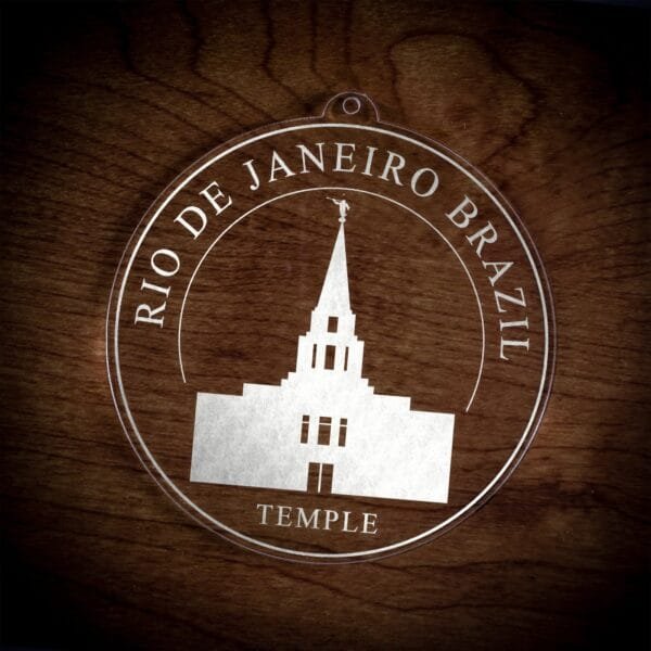 LDS Rio de Janeiro Brazil Temple Christmas Ornament laying on a Wooden Background