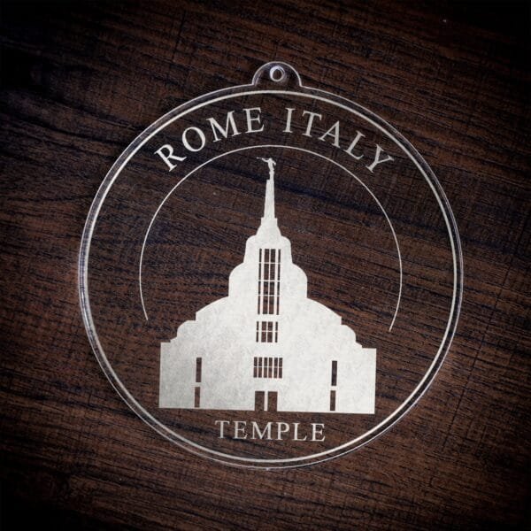 LDS Rome Italy Temple Christmas Ornament laying on a Wooden Background