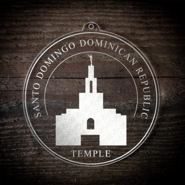 LDS Santo Domingo Dominican Republic Temple Christmas Ornament laying on a Wooden Background