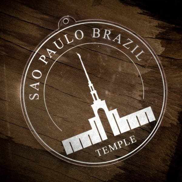 LDS Sao Paulo Brazil Temple Christmas Ornament laying on a Wooden Background