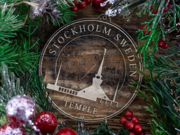 LDS Stockholm Sweden Temple Christmas Ornament with Christmas Decorations