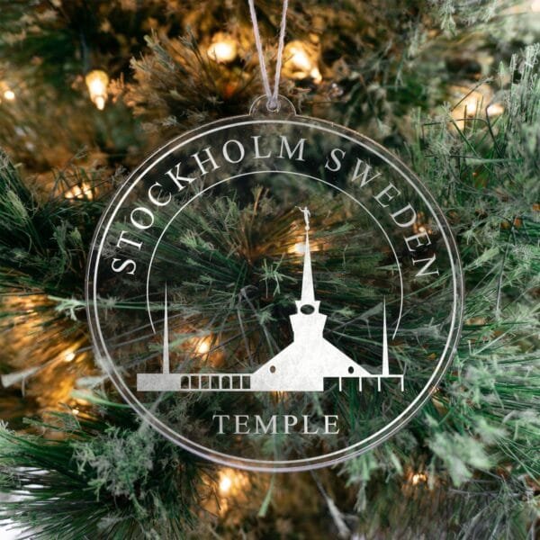 LDS Stockholm Sweden Temple Christmas Ornament hanging on a Tree