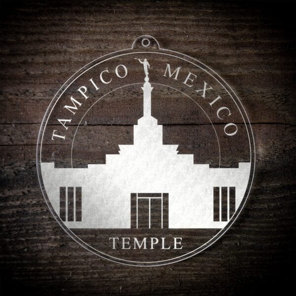 LDS Tampico Mexico Temple Christmas Ornament laying on a Wooden Background