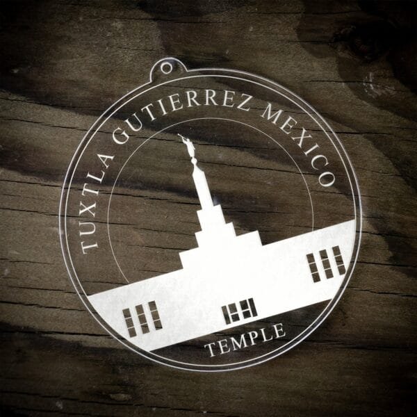 LDS Tuxtla Gutierrez Mexico Temple Christmas Ornament laying on a Wooden Background