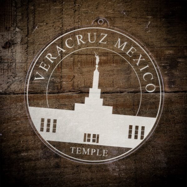 LDS Veracruz Mexico Temple Christmas Ornament laying on a Wooden Background
