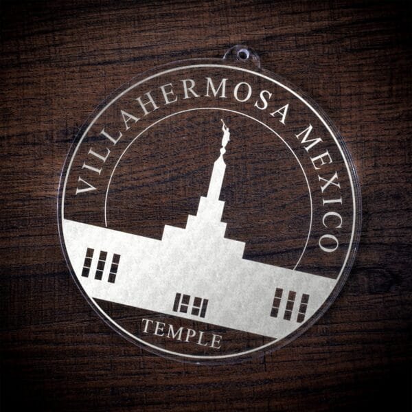 LDS Villahermosa Mexico Temple Christmas Ornament laying on a Wooden Background
