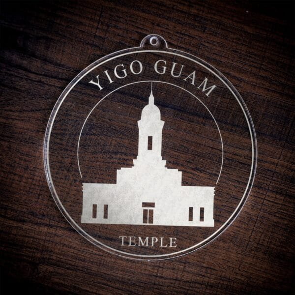 LDS Yigo Guam Temple Christmas Ornament laying on a Wooden Background
